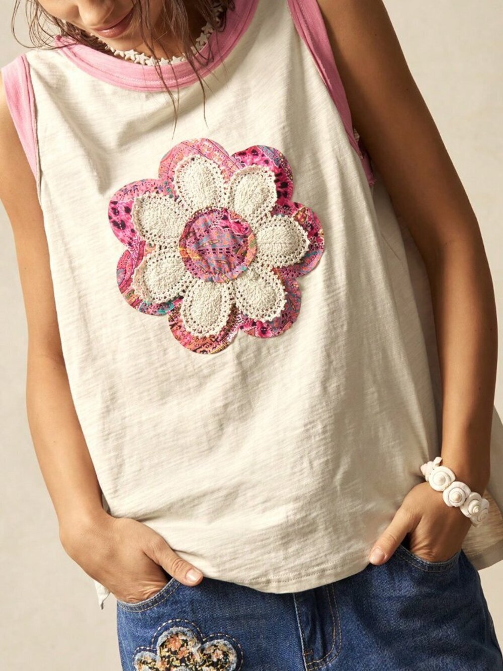 Apricot Casual Women's Boho Knitted Sleeveless Round Neck Loose Fit Tank Top